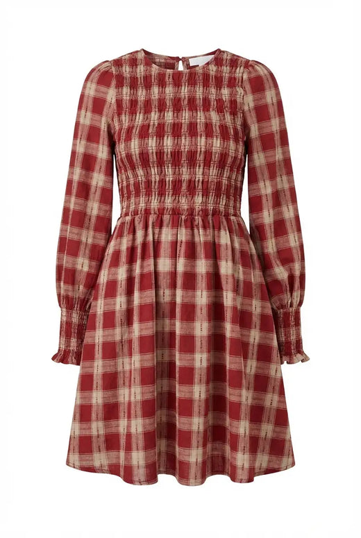 Avoria | Smocked Plaid Dress Red Puff Sleeve Casual Mini