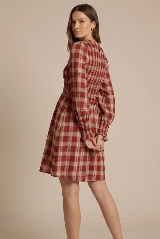 Avoria | Smocked Plaid Dress Red Puff Sleeve Casual Mini