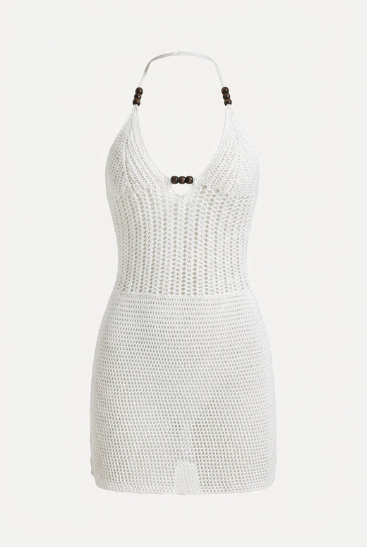 Avoria | Crochet Mini Dress White Halter Neck Beachwear for Women
