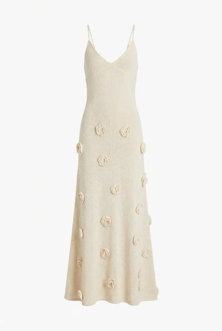 Avoria | Floral Appliqué Summer Knit Women’s Dress Beige
