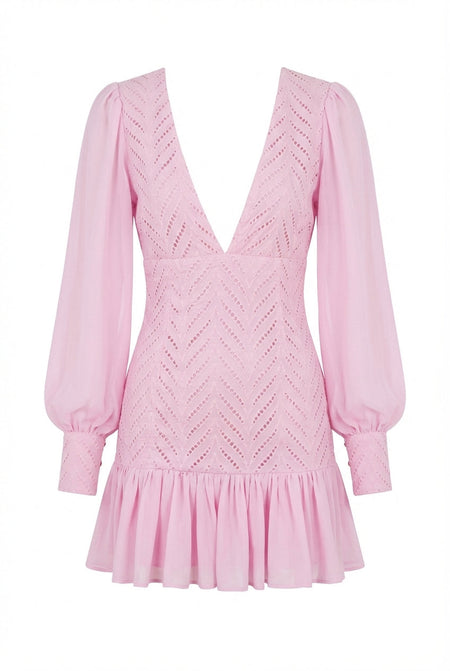 Avoria | Mini Dress Wedding Guest Pink V-Neck Long Sleeve