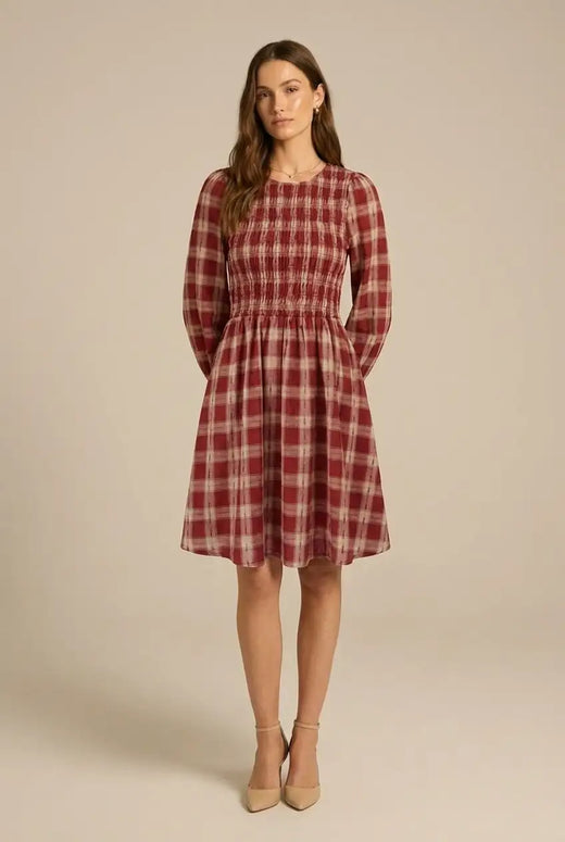 Avoria | Smocked Plaid Dress Red Puff Sleeve Casual Mini