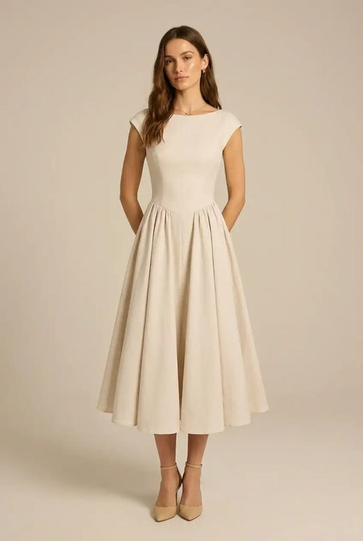 Avoria | Midi Dress Wedding Guest A-Line Cap Sleeve Elegant